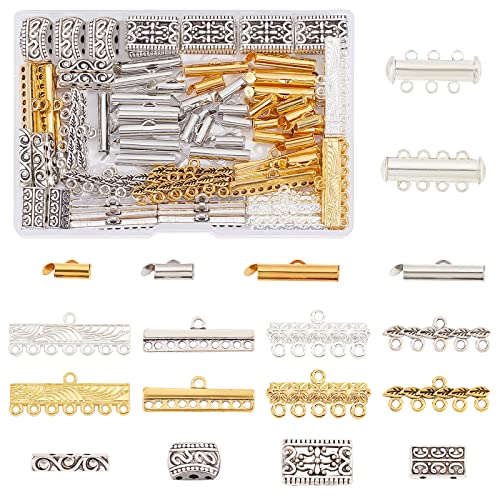 PandaHall 18 Styles Layering-Verschluss, 166pcs Slide Lock Verschlüsse Multi Strang Halskette Slide On End Clasp Tubes Tibetan Charm Connector Links Schmuckverschlüsse Für Layered Bracelet von PH PandaHall