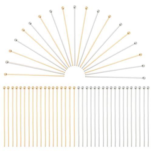 PandaHall 200 Stück 40mm Kopf Pins Schmuck Kopfnadeln Gerade Stifte 304 Edelstahl-Stift-Entdeckungen Kopfstifte Für Ohrring-Anhänger-Schmuckherstellung, Golden/Silber von PandaHall
