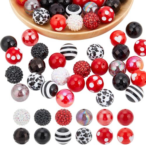 PandaHall 20mm Kaugummi-Perlen, 50 Stück Rot-Schwarze Perlen Chunk-Perlen Große Lose Acrylperlen für Stift Halloween Girlande Schmuck Armband Taschenkette Herstellung Hochzeit Muttertag Dekoration von PandaHall