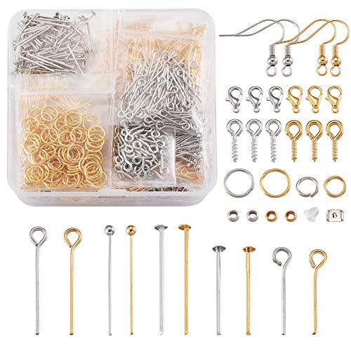 PandaHall 2920-teiliges Schmuckherstellungszubehör-Set mit Ohrringhaken, Biegering, Schrauböse, Kopfstift, Ohrringrücken, Karabinerverschluss, Quetschperlen (Gold und Silber) von PH PandaHall