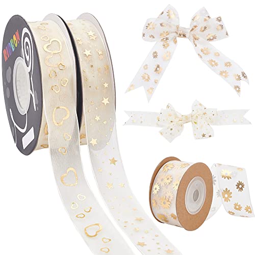 PandaHall 3 Rollen Organza-Geschenkband, 27.4m/30 Yards Transparentes Geschenkverpackungsband Goldene Blume Hören Stern Handwerksband Weihnachtsdekorationsband Zum Verpacken von Geschenken von PH PandaHall