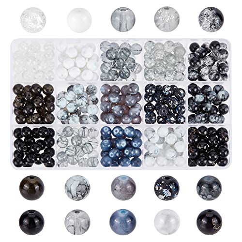 PandaHall 300 Stück 8mm Schwarze Glasperlen, 15 Farben Armbandperlen Marmor Lose Perlen Knistern Backen Bemalte Perlen Abstandshalter für Herren Armbänder Halsketten Schmuckherstellung Halloween von PH PandaHall