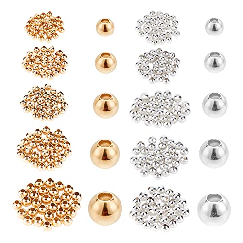 PandaHall 300pcs 5 Stil Runde Abstandsperlen, 24K Vergoldete Perlen 925 Sterling Silber Überzogene Kugel Glatte Perlen Messing Stopper Perlen Für Halskette Armband Ohrring Schmuckherstellung von PH PandaHall