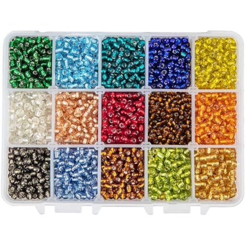 PandaHall 3300 Glasperlen 15 Farben Silber Gefütterte Glasperlen 6/0 (4mm) Runde lose Abstandsperlen Kleine Perlen lose Abstandsperlen Loch: 1.5mm für Armband Halskette die Schmuckherstellung von PH PandaHall