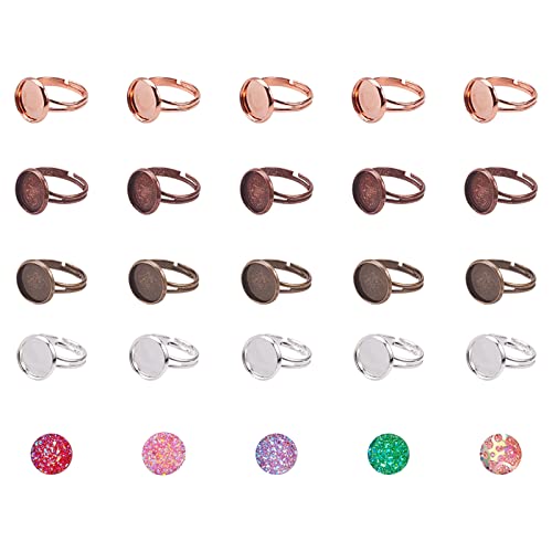 PandaHall 40pcs 5 Farbe Runder Messing Einstellbare Fingerring Einstellungen Komponenten Lünette mit 40pcs 5 Farbe 12mm Harz der flachen Rückseite Druzy Cabochon von PH PandaHall