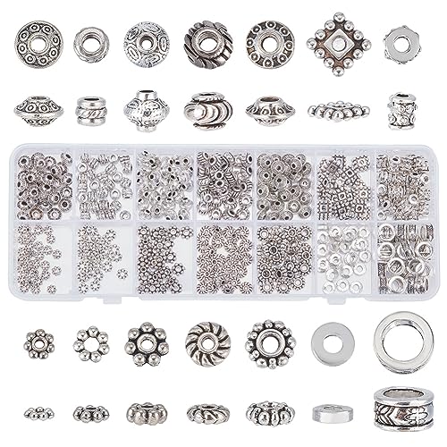 PandaHall 420 Stück Tibetische Metallperlen, 14 Stile, Silberne Abstandsperlen, Gänseblümchen, Schneeflocken Schmuckperlen, Charm-Abstandshalter Lose Perlen Kit für Armbänder, Halsketten, Ohrringe von PH PandaHall