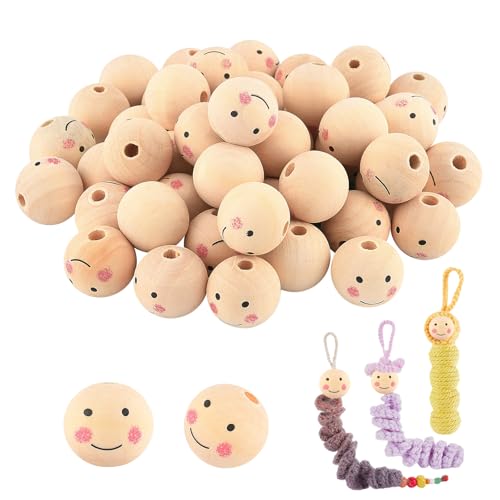 PH PandaHall 50pcs Holzperlen mit Gesicht 25mm Holz Perlen Naturholzperlen Runde Holz Perlen Mit Lächelngesicht Für DIY Schlüsselanhänger, Makramee, Engel, Handwerk Und Schmuckherstellung, 5.5mm Loch von PH PandaHall