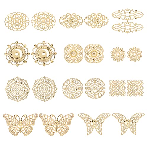 PandaHall 66pcs 11 Styles Gold Filigrane Joiners Connector Charm Anhänger Metall Filigrane Verzierungen Messing Links Für DIY Haarnadel Kopfbedeckung Ohrring Schmuckherstellung von PH PandaHall