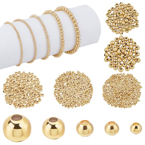 PandaHall 695pcs 18K Gold Abstandsperlen, 5 Größen Nahtlose Glatte Perlen Lose Perlen Kleine Kugelperlen Kleine Runde Abstandshalter Für Armband Halskette Schmuck DIY Handwerk von PH PandaHall