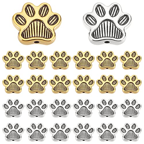 PandaHall 80 Stück Niedliche Hund Pfote Perlen, Metall Tier Fußabdruck Charme Europäischen Abstandsperlen für DIY Handwerk Ohrring Armband Schmuck Machen, Antik Silber/Gold, Loch: 1,4mm/0,06 Zoll von PH PandaHall