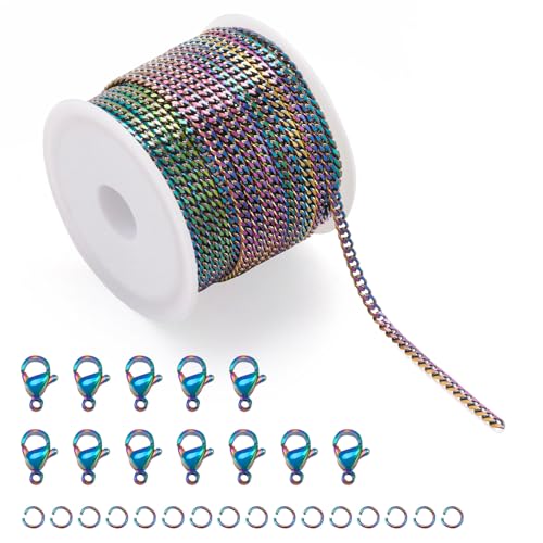 PandaHall Edelstahl-Panzerketten, Regenbogenfarben, gelötet, gedrehte Gliederketten mit Karabinerverschlüssen, Biegeringe für Armbänder, Halsketten, Schmuckherstellung, 5 m von PH PandaHall