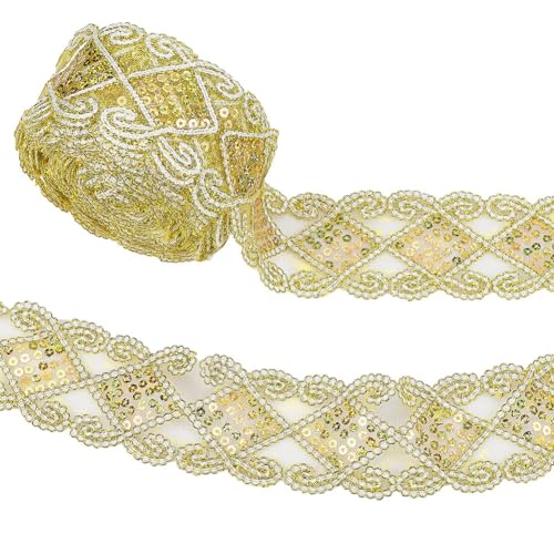 PandaHall Elite 9.5m Spitzenband Pailletten Spitze Mesh Trim Nähen Bastelbedarf für Kleidung Kleid Dekorationen Hochzeit DIY Brautstrauß Verzierungen, Goldrute Trim von PH PandaHall