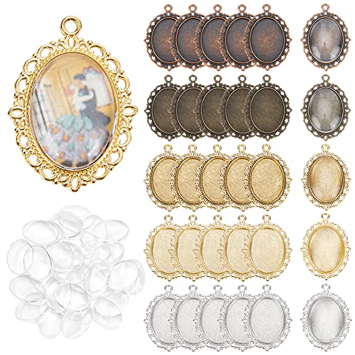 PandaHall Elite Anhänger Tabletts mit Glas-Cabochon Dome Fliesen Transparent Cameo Tray: 25x18mm 7 Color Oval Cabochon Settings Kits von PandaHall