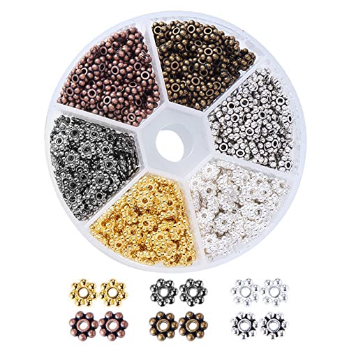 PandaHall 600pcs 6 Farbe Tibetischer Stil Legierung Blume Abstandshalter Perlen 6mm Daisy Metall Abstandshalter Mini Schneeflocke Lose Perlen Craft Perlen für Armband Halskette Schmuck Herstellung von PH PandaHall