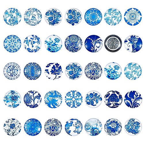 PandaHall Glas-Cabochons, halbrund, flache Rückseite, Blau & Weiß Blume, 25mm (1 Inch) von PH PandaHall