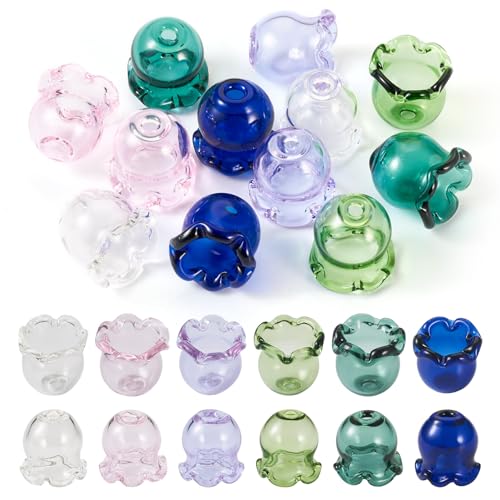 PandaHall Glasblumen-Perlen, Trompete, Blumen-Perlenkappen, Multi-Petal-Abstandshalter, Endkappen für DIY-Windspiele, Ohrringe, Schmuckherstellung, 12 Stück von PandaHall