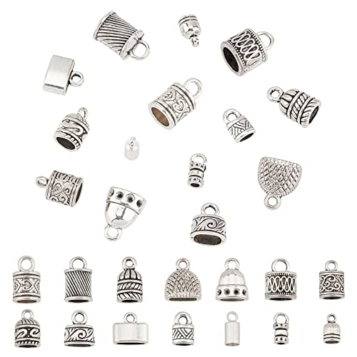 PandaHall Kabelendkappe, 140 stücke 14 Stile Legierung Kleber In Endkappen Lederschnur Endkappe Perle Tube Barrel Loop Verschluss Für Quasten Ohrring Armband Schmuck DIY Craft Making, Antik Silber von PH PandaHall