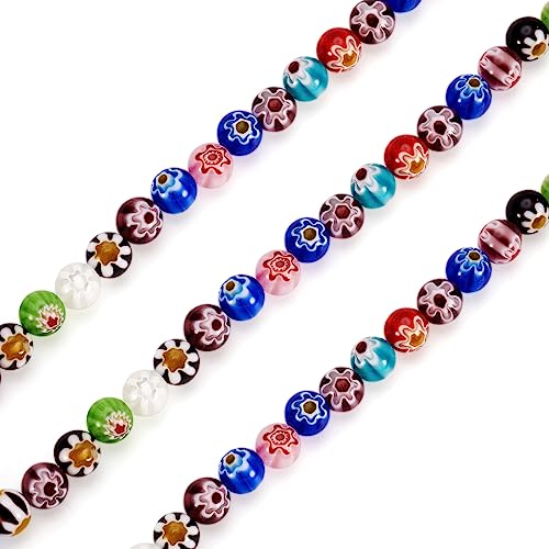 PandaHall Millefiori-Glasperlen, handgefertigt, rund, 8 mm, mit einzelner Blume für DIY-Schmuckherstellung, zufällige Farbauswahl, 5 Stränge von PandaHall