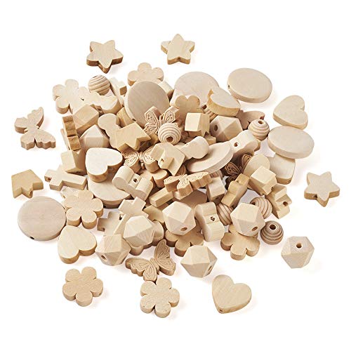 PandaHall Naturholzperlen-Anhänger, 10 Stile, unlackierte lose Holzperlen, Abstandshalter für DIY-Schmuckherstellung, Loch: 1,5–3 mm, 100 Stück von PH PandaHall