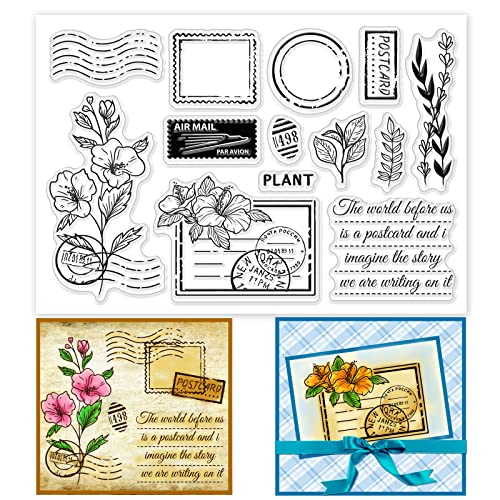 PandaHall Postkarte Klare Stempel, Blume Transparente Stempel Silikonstempel Pflanze Porto Gummistempel für Kartenherstellung Journaling Fotoalbum Scrapbooking, 11x16cm von PandaHall