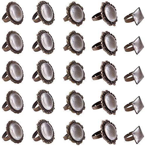 PandaHall Ringrohlinge Sets, 5 Stile 25 Stück Antike Bronze Runde Cabochon Ringe Einstellungen Fingerring Komponenten Eisen Cabochon Lünette Einstellungen mit 25 Stück Glascabochons von PH PandaHall