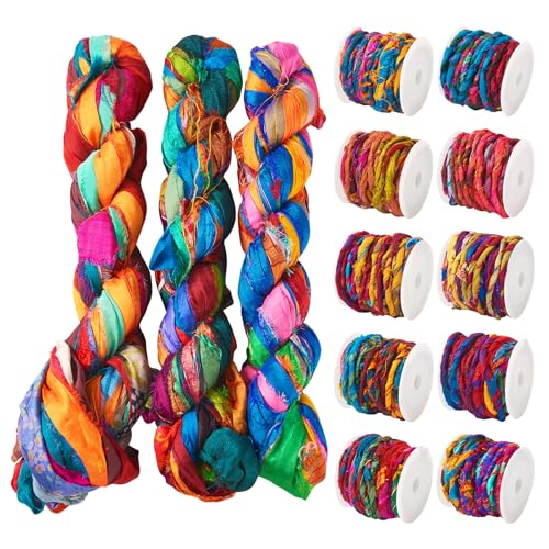 Pandahall 1 Rolle reines Sari-Seidenband mit Streifen, Batikfärbung, handgefertigtes Seidenband, 5,47 m, mehrfarbiges Regenbogen-Sari-Seidenband zum Stricken, Häkeln, Makramee, Weben (böhmische Farbe) von PH PandaHall