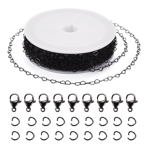 Pandahall 100 cm lange schwarze Herz-Gliederketten aus Messing, Schmuckketten, Roll-Armband-Halsketten-Bastelset für selbstgemachte personalisierte Halskette mit 75 Karabinerverschlüssen, Biegeringe von PH PandaHall