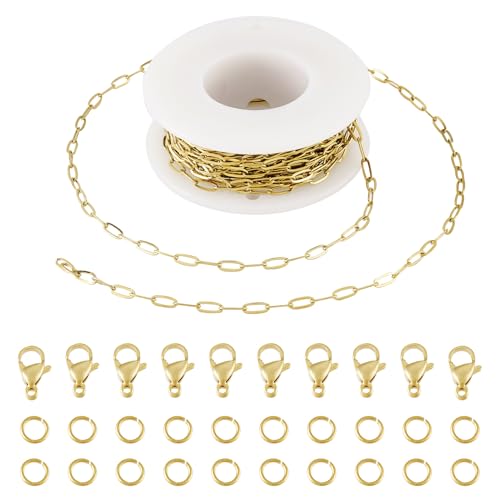 Pandahall 18 Karat vergoldete Büroklammerketten, Edelstahl-Ketten, 6,5 x 3 x 0,5 mm, Goldschmuck-Ketten mit Karabinerverschlüssen, Biegeringe für DIY-Armbänder, Halsketten, Schmuckherstellung, 5 m von PH PandaHall