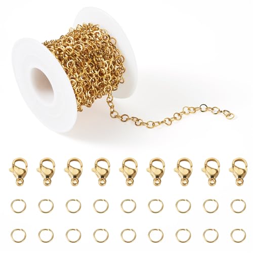 Pandahall 18 Karat vergoldete Rolo-Gliederketten, Edelstahl, Goldketten, gelötet, runde Gliederketten, Spule für Armband, Halskette, Schmuckherstellung, mit Biegeringen, Karabinerverschlüssen, 5,6 m von PH PandaHall