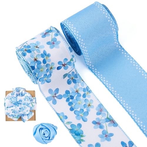 Pandahall 2 Rollen blaue Blumenbänder 6,3 cm bedrucktes florales Drahtband für Geschenkverpackungen, Schleifenherstellung, Sommerblumen-Bastelband, Stoffband für Hochzeit, Brautstrauß, von PH PandaHall