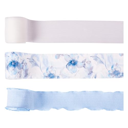 Pandahall 3 Rollen blaue Blumen Rüschen Bänder bedruckt Floral Draht Band für Geschenkverpackung Schleife Herstellung Haarband weiß blau Tüll Stoffbänder für Hochzeit Brautstrauß Urlaub Dekor von PH PandaHall