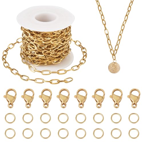 Pandahall Büroklammer-Kette, 18 Karat vergoldet, Edelstahl-Ketten, 10 x 5 x 1 mm, klobige Büroklammer-Kette, Gliederrolle mit Karabinerverschlüssen, Biegeringe für selbstgemachte Halsketten, von PH PandaHall