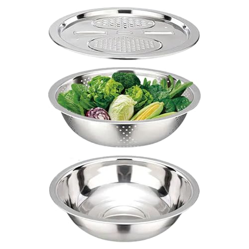 PHASZ 3 in 1 Küche Multifunktionale Edelstahl Becken Abfluss Reibe Abtropfbehälter Set Salat Maker Schüssel mit Ablaufkorb, Gemüseschneider und Reibe Sieb von PHASZ