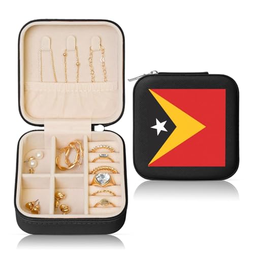 PHAYAH Quadratische Reise-Schmuckschatulle aus Leder, Motiv: Flagge von Timor, Ring-Organizer für Mädchen, Damen (schwarz) von PHAYAH