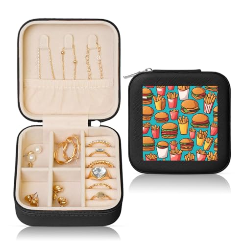 PHAYAH Quadratische Reise-Schmuckschatulle mit Cartoon-Burger-Pommes-Motiv, Leder-Schmuck-Ring-Organizer für Mädchen, Damen (schwarz) von PHAYAH