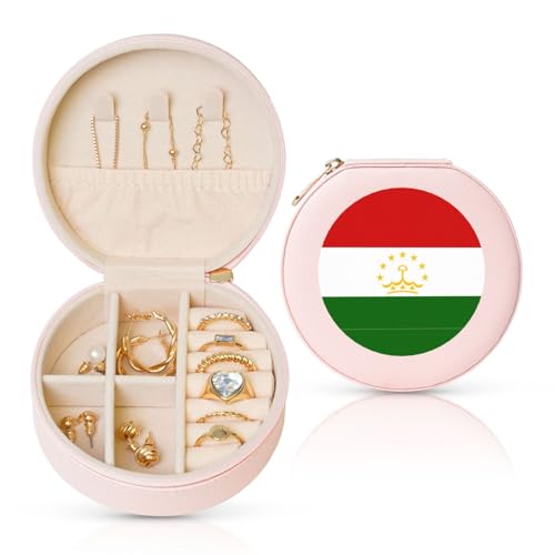 PHAYAH Runde Reise-Schmuckschatulle mit Flagge von Tadschikistan, Leder-Schmuckring-Organizer für Mädchen, Damen (Rosa) von PHAYAH