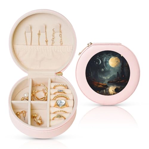 PHAYAH Runde Reise-Schmuckschatulle mit Mond, Sternen und Planeten, Leder-Schmuckring-Organizer für Mädchen, Damen (Rosa) von PHAYAH