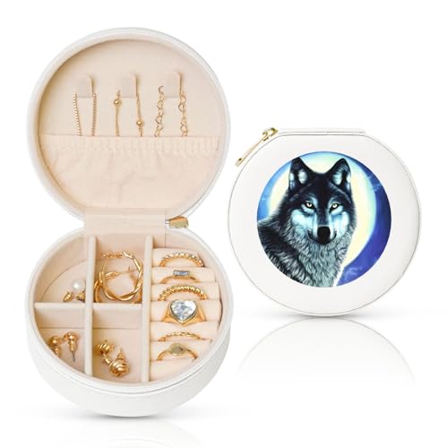 Runde Reise-Schmuckschatulle, Motiv: Wolf unter dem Mond, Leder-Schmuck-Ring-Organizer für Mädchen, Damen (weiß) von PHAYAH