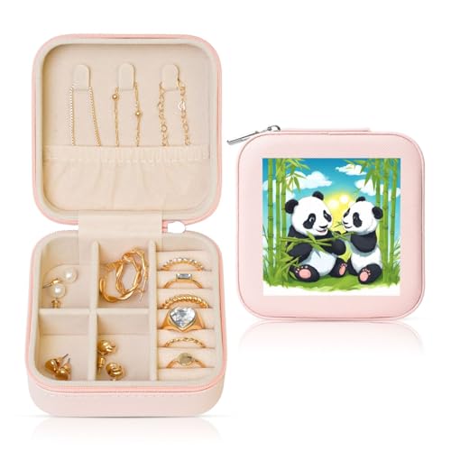 Two Happy Pandas quadratische Reise-Schmuckschatulle, Leder-Schmuck-Ring-Organizer für Mädchen, Damen (Rosa) von PHAYAH