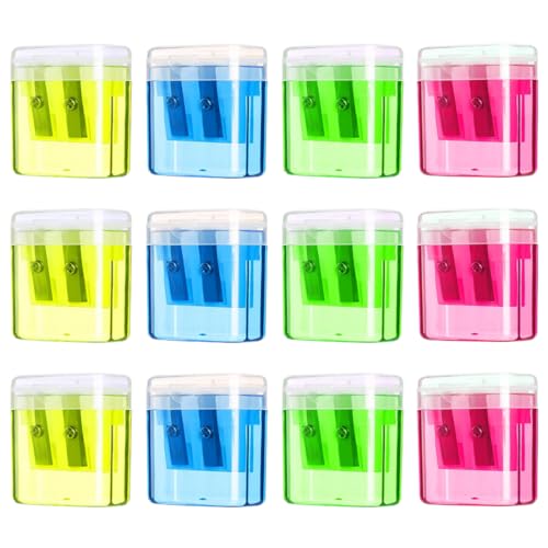 PHCOZY 12 Pcs Anspitzer mit Behälter Spitzer mit Buntstifte Anspitzer Kinder Doppel Loch Pencil Sharpener für Verschiedene Arten von Bleistiften Schule Büro Kinder Studenten Reisen von PHCOZY