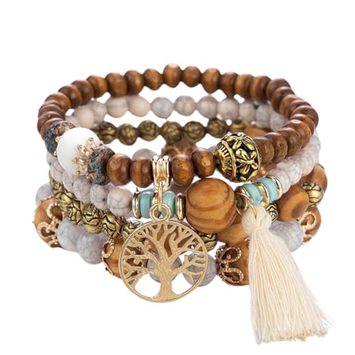 PHCOZY 4 Pcs Set Boho Armbänder mit Holzperlen Quaste Chakra und Kristall Heilsteinen für Frauen Baum des Lebens Charm Statement Armreifen von PHCOZY