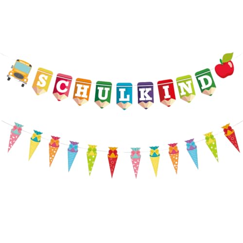 PHCOZY Einschulung Deko Set Schulanfang Dekoration mit Zuckertüten Banner Bunte Schulkind Girlande Einschulung für Jungen und Mädchen von PHCOZY