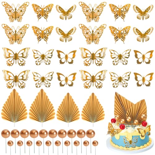 48er-Pack happy birthday cake topper, Schmetterlings-Kuchenaufsätze, goldene Kuchendekorationskugeln,tortendeko，Kuchenaufsätze für Mädchen von PHIEZC