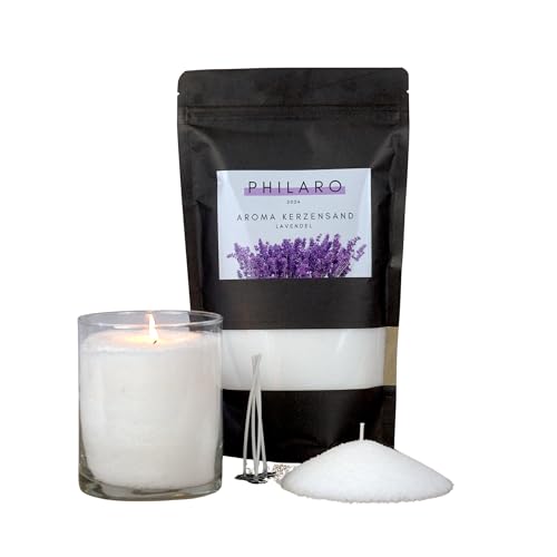 Philaro Kerzensand mit Duft - Lavendel - 400g inkl. 4 Dochte in vier Duftvarianten - Kerzengranulat - Aromasand - Kreative DIY Kerzen - Kerzenalternative von PHILARO