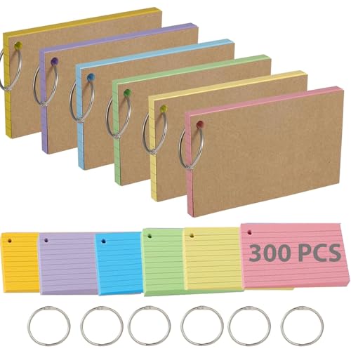 Sticky 300 linierte Karteikarten aus Kraftpapier mit Ringen, 12,7 x 7,6 cm, Lernkarten für Zuhause, Büro und Schule, linierte Revisionskarten für Aufzeichnungen und Organisation von PHIOMUUE