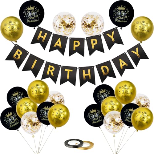 18. Geburtstag Deko Junge Mädchen, 18 Geburtstag Luftballons mit Girlande Banner 18. Geburtstag Happy Birthday Ballons Schwarz Gold Deko für 18 Jahre Geburtstag Party Dekoration von PHISGNIO