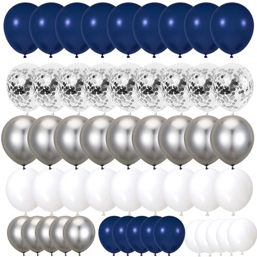 80 Stück Luftballons Marine Blau Silber, Metallic Silber Navy Blau Weiß Konfetti Helium Ballons atex Party Ballons für Geburtstag Hochzeit Babyparty Dekoration (Blau Silber) von PHISGNIO