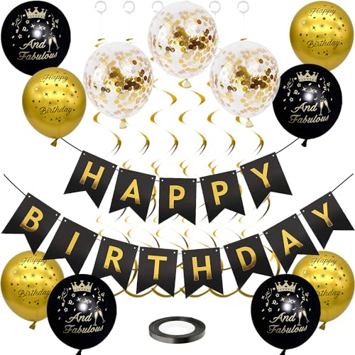 Geburtstagsdeko Schwarz Gold Set, Happy Birthday Deko Banner Happy Birthday Girlande Luftballons Geburtstag Party Deko Geburtstag Gold Schwarz Luftballons Konfetti Ballons für Männer Frauen von PHISGNIO