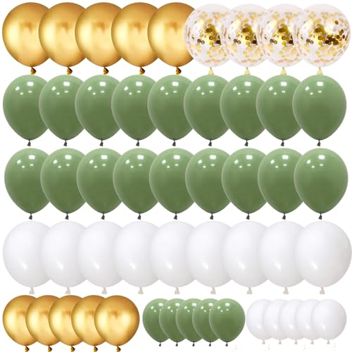 Luftballons Olive Grün, 80 Stück Luftballons Salbeigrün Weiß Salbei Olive Grün Gold Metallic Konfetti Latex Ballons Grün Avocado Weiß Golden für Baby Shower Babyparty Geburtstag Hochzeit Party Deko von PHISGNIO