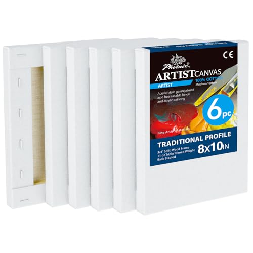 PHOENIX Künstler-Leinwand, 20,3 x 25,4 cm, 6 Stück, kleine gespannte Leinwände zum Malen, 1,9 cm Profil, 100 % Baumwolle, 325 ml, Gesso grundiert, weiß, blanko, professionelle Öl- und Acrylfarben PHOENIX Künstler-Leinwand, 20,3 x 25,4 cm, 6 Stück, kleine gespannte Leinwände zum Malen, 1,9 cm Profil, 100 % Baumwolle, 325 ml, Gesso grundiert, weiß, blanko, professionelle Öl- und Acrylfarben von PHOENIX